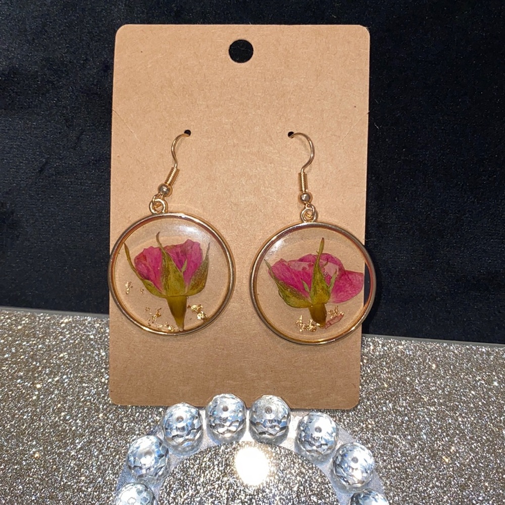 Pink flowers Glass Teardrop Earrings on 14k Gold Filled. Handmade in USA